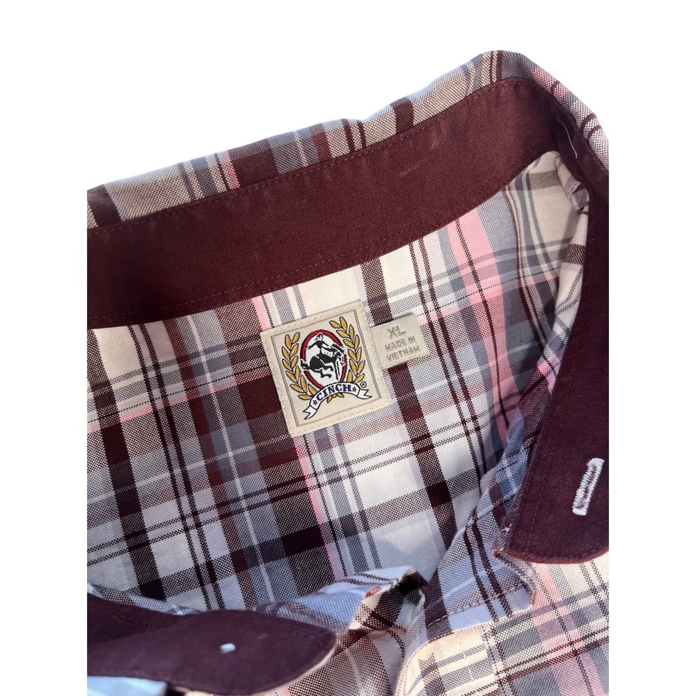 Cinch Long Sleeve Plaid Button Down Shirt Men's XL White Pink Gray Burgundy - Picture 3 of 6